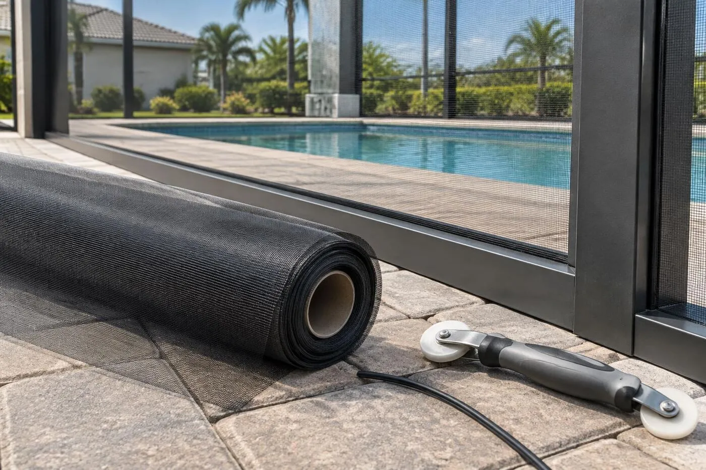 Roll of new screen mesh and a spline roller beside a pool enclosure frame